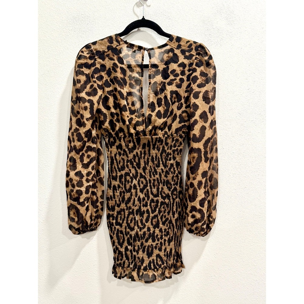 Fashion Nova Leopard Print Smocked Mini Dress XS Long Sleeve V Neck Ruched Waist - Picture 2 of 7